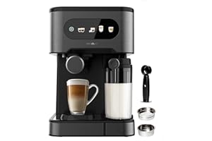 Cecotec Macchina Caffè Espresso Power Espresso 20 ColdBrew Latte+. 1350W, 20Bar, ColdBrew, Schermo Touch Color, Serbatoio Acqua 1.5L, 500ml Latte, Acciaio Scuro, Scaldatazze, Doppio Braccio