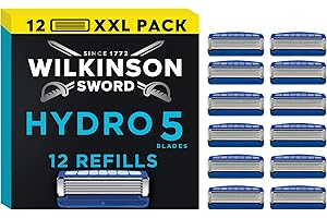 WILKINSON SWORD - Hydro 5 cuchillas de afeitar para hombre, con revestimiento de carbono, gel hidratante y recortadora de precisión, paquete de 12 recambios de cuchillas de afeitar