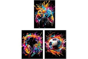 KOMERGAVE 3 Stück Graffiti Jungenzimmer Wandbilder, Graffiti Gaming Zimmer Deko, Bunte Fußball Kopfhörer Gamepad Gaming Poster, Cool Neon Gaming Bilder für Schlafzimmer Spielzimmer Rahmenlos (Abstrakt)