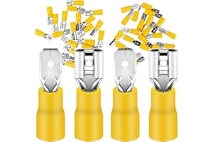 DAWENUR 50 x Blade Receptacles and Flat Connector 4.0-6.0 mm² Yellow/Plug Width 6.35 mm Partially Insulated PVC Male Connector FDD & MDD Cable Connector Made of Tin-Plated Brass