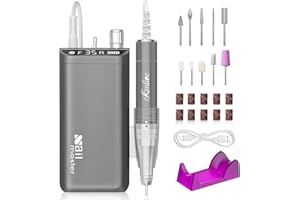Kredioo Torno para Uñas Profesional 35000RPM, Pórtatil＆Recargable, 10 Brocas Lima Eléctrica, Manicura y Pedicura, Pulidor Set, Taladro de Clavo Eléctrico Limado, Kit Set Fresa, LCD con Batería, Gris