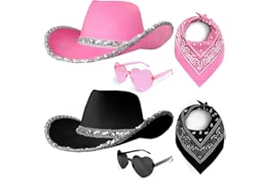 PIPIHOME Cowboy Hat Women, Cowgirl Hat, 6 Piece Set Western Hat with Bandana and Heart Sunglasses, Cow Girl Outfit Women for Wedding Bachelorette Birthday Party Costume Accessory