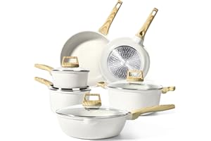 GiPP Set di pentole e padelle antiaderenti, set di pentole a induzione da 10 pezzi, set di cottura in granito antiaderente con padelle, casseruole, adatto a tutti i fornelli (bianco, 10Pcs-B)