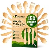 Disposable Wooden Forks Spoons Knives Alternative to Plastic Cutlery Biodegradable Replacements (150 Pack, 50 Forks, 50 Spoon