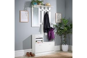 Home Source Wall Mounted 6 Hook Coat Rack with Mirror, Shoe Storage Bench and Drawer, White