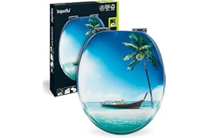 AQUASU Deska sedesowa z motywem plaży z Morza Południowego, drewno, mechanizm cichego zamykania, metalowe zawiasy, mocowanie Fast-Fix 40273 6