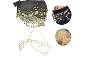 XHBTS Multi-Row Gold Coins Belly Dance Wrap & Hip Scarf, Gold Sequins Head Chain Jewelry Festival Halloween Prom Costume Hair Accessories Headbands Headpieces for Women and Girls
