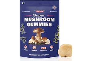 Super Mushroom Gummies with Lion's Mane Supplement, Energy, Focus, Raspberry Flavour (30 Gummies)