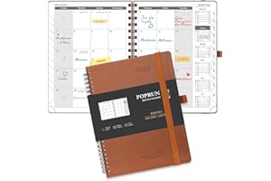POPRUN Agenda 2024 2025 Mensuel Spirale 22 x 16,5cm - De jan. 2024 à juin 2025 avec Couverture Souple en PU Cuir, Poche pliable, Porte-stylo autocollant, Papier Certifié FSC®100 g/m² - Marron