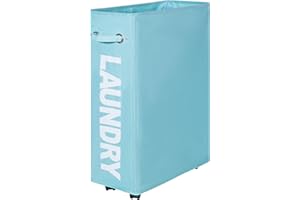 Caroeas Panier à Linge 55L avec Roulettes, Pliable et Étroit, Grande Capacité, Bac de Rangement sur Roues pour Petit Espace，Bleu clair