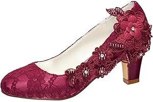 Emily Bridal Wedding Shoes Women's Silk Like Satin Chunky Heel Pumps with Stitching Lace Flower Crystal Pearl
