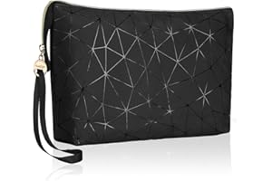 PLAYEXEN Grande Pochette Maquillage Femme en PU Cuir Trousse de Maquillage Voyage Trousse de Toilette Fille Voyage Sac Rangement à Cosmétique Makeup Tote Bag Idéal Cadeau Anniversaire Noël 33,5*20*7cm Noir