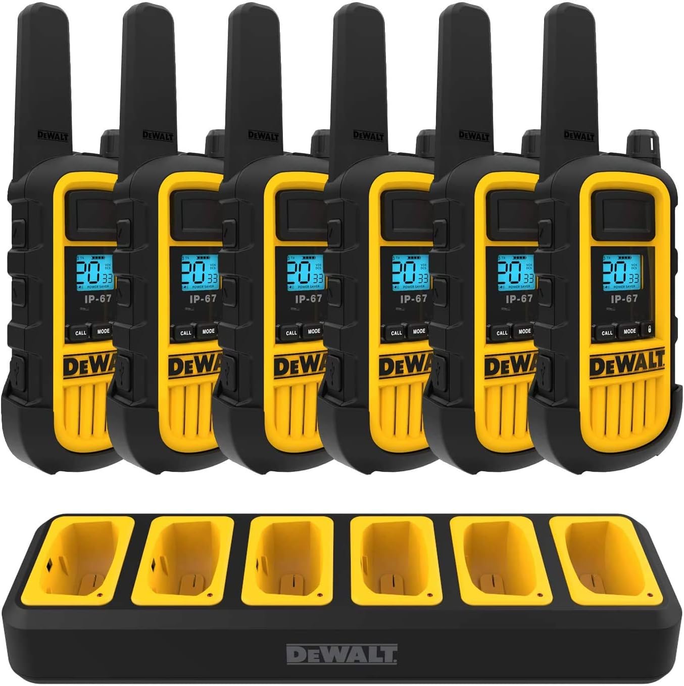 DEWALT DXPMR800 Heavy Duty Professional Walkie Talkie PMR Radio with Up to 15 Floors/10km Range, License Free - Black and Yellow (6 Pack + Gang Charger), DXPMR800-BCH6