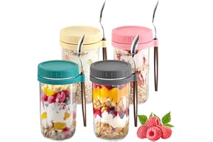 Pavlleen Overnight Oats Jars, 4 Pezzi 600ml Tazze di Farina D'avena per la Notte, Barattoli Vetro con Coperchio e Cucchiai, per Yogurt,Porridge,Cornflakes e Muesli Insalate Latte Cereali