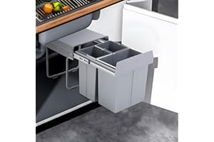 Warmiehomy Pull Out Kitchen Bin 40L Recycling Bins for Kitchen Built-In 3 Waste Bins with Handle 2x10L+20L Removal Container with Fixing Waste Brackets