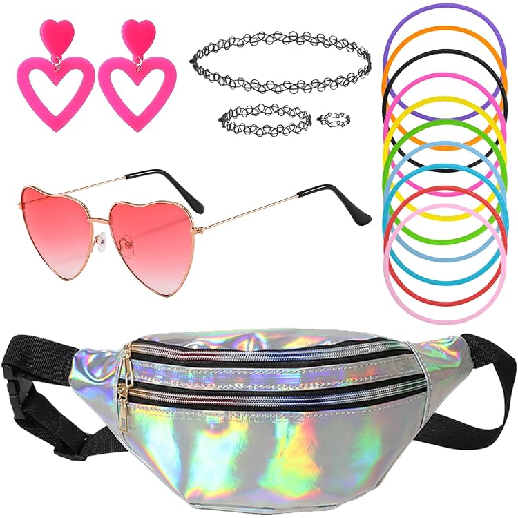 Set Accessoires Déguisement Années 80 - Sac Banane, Jambières, Lunettes, Bracelets Fluo