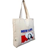 Nulu Bez &Ccedil;anta New Life, Kanvas Alışveriş &Ccedil;antası, 35x40x10 cm, Mavi Baskılı, Krem Renk,%100 Pamuk, Omuz Askılı, G&uuml;nl&uuml;k Kulla