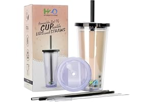 HYDRATE 2.ONE Kubek do kawy mrożonej 700 ml z 2 pokrywkami, 1 grubą i 2 cienkimi słomkami i 2 szczotkami (bez rękawa) | Kubek podróżny wielokrotnego użytku do herbaty bąbelkowej, boba, smoothie,