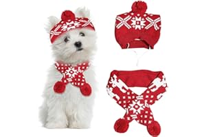 KUNYEAH 2 Pieces Christmas Pet Hat Scarf Set Winter Warm Puppy Collar Knitting Pet Hat Dog Cat Costume Accessories Adjustable Print Scarf and Hat for Small to Medium Pets (Large, Snowflake)