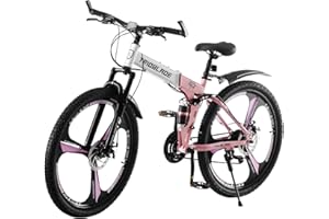 BSTSEL 26 Inch Folding Mountain Bike 3 Spoke Wheels Bicycle,17 Inch Frame Mountain Bicycle - 21 Speeds Disc Brake