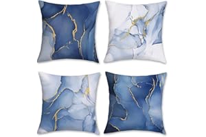 Bonhause Blue Marble Cushion Covers 45 x 45 cm Abstract Marble Blue and Gold Modern Decorative Throw Pillow Covers Pillowcases for Sofa Patio Home Decor Set of 4