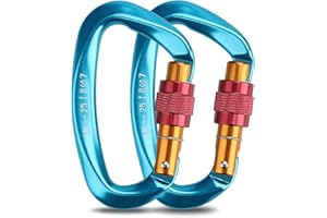 Welltop Climbing Carabiners, 2pcs Aluminum Locking Carabiner Clip D-Shaped 25KN Heavy Duty Carabiner Hook with Screwgate for Climbing, Rappelling, Hammocks, Dog Leash, Water Bottle