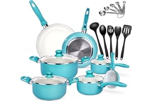 Masthome Padelle Antiaderenti in Alluminio, Set Pentole da Cucina da 16 Pezzi, Set Pentole Induzione con Coperchio Include Padella, Padella per Zuppa, Padella per il Latte - Blu