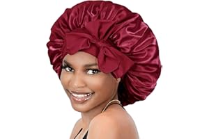 BONNET QUEEN Satin Hair Bonnet for Sleeping Silk Head Cover with Tie Band Hair Wrap Silk Sleep Cap for Curly Long Braid Tresse, Burgundy