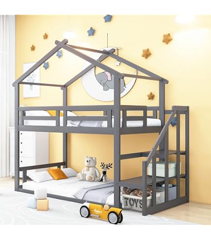 Lit Superposé Enfant 90x200cm Avec Lit Gigogne - Design Maison, échelle Avec Rangement, Barrière Sécurité - Bois Massif - 9