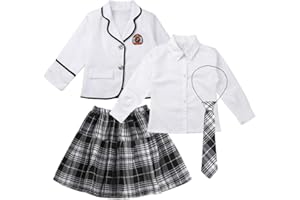 FEESHOW 4 PCs Déguisement Costume Carnaval Jupe écossaise Uniforme Ecolière Costumes FILLE Cosplay Ensembles de Lingerie Chemise & Mini Jupe & cravaté Jeu de Rôle