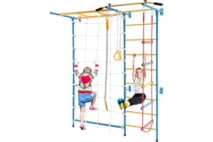 COSTWAY 7 en 1 Juego de Escalada para Niños, Gimnasio de Interior con Muro de Cuerda, Escalera de Pared, Barra de Elevación, Escalera de Cuerda, Cuerda y Anillos de Gimnasia para Niños de 3+ Años