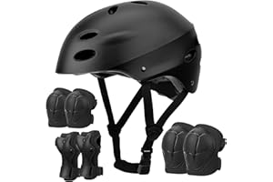 SAMIT Knieschoner Kinder 7 in 1 Set mit Skaterhelm, Inliner Schützer für Kinder Verstellbare Kinder Schutzausrüstung Set (5-12 Jahre) für Skateboard Rollschuhe Scooter Sport Silber+Schwarz