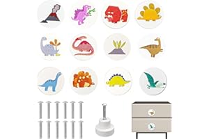 JReHuiG 12 Pezzi Pomelli per Cassetti, Pomelli per Mobili Legno, Rotondi, Vari Motivi a Tema Dinosauro, Pomelli Armadio Bianchi, 30 mm con Viti Pomelli per Mobili Bambini, Camera dei Bambini (1)