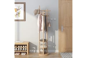 KungFuWood Appendiabiti Indipendente, Appendiabiti da Terra Legno Albero Con 3 Aste per Appendere, Robusto e Facile da Montare Appendiabiti da Terra, Adatto per Camere da Letto (Naturale colore)