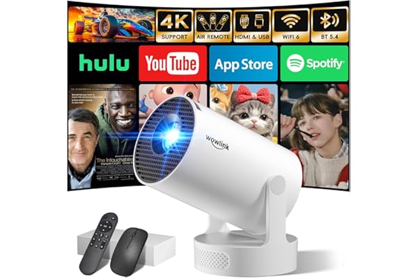 [Apps integradas & 2025 Upgraded] Mini Proyector con WiFi 6 Bluetooth 5.4 Support 4K 1080P Auto Keystone 180° Rotable Proyector Portátil Compatibile con HDMI/TV Stick/Memory Stick/Laptop, Blanco