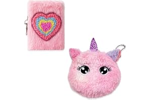 Hemlig dagbok flicka plysch A7 med enhörningsplånbok, Kawaii brevpapper set för flickor, presenter flicka 6 7 8 9 10 år, mjuk ficka och hjärtplånbok