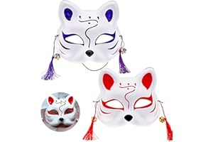 FINE JADE2 Máscaras de Gato Máscara de Media Cara Máscara de Cosplay Máscara de Zorro Japonesa Máscara de Zorro Japonesa Estilo Anime Zorro con Borla Flor para Fiestas, Disfraces, Halloween, 2 Unidades