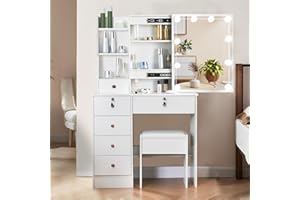 SAIHEMEI Makeup Dressing Table with Mirror, Stool, 6 Drawers, and Shelves for Storage – Stylish Cosmetic Vanity Desk for Bedrooms