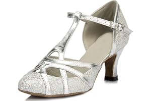 MINITOO Women's Latin Salsa T-Strap Closed Toe Synthetic Ballroom Dance Shoes Evening Wedding Pumps