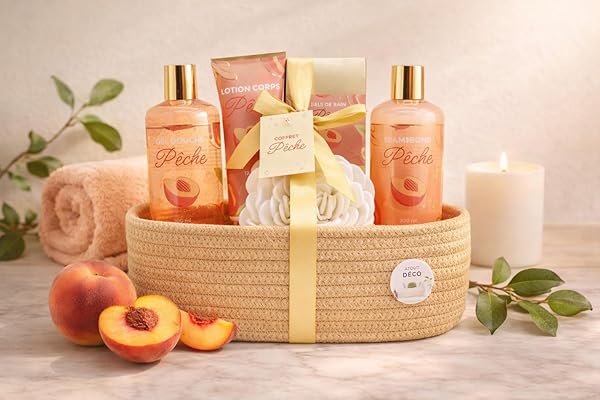 French Tendance - Coffret Soin Pêche - Shampooing 300ml, Gel Douche, Lotion Corps, Sels de Bain - Cadeau Femme Beauté, Soin Corps, Bien Etre - Kit Cocooning Panier Pêche