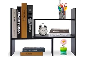Hossejoy Wood Adjustable Bookshelf Bookcase, Expandable Desktop Storage Organizer Display Shelf Rack, Office Supplies Desk Organizer, Black