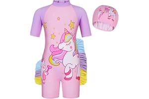 Febbabe Girls Unicorn Swiming Costume One Piece Swimsuit Kids Summer Holiday Beach UV Sun Protective Rash Guard Ruffle Bathing Suit Surf Diving Wear with Swim Cap 1-6 Years