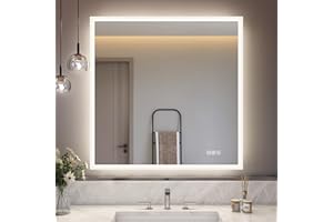 S'bagno Espejo-Baño-con-Luz, 80x80cm Espejo-Baño-Led-Bluetooth con Antivaho, 3 Colores, Regulable, Memoria, Vidrio Templado HD, Resistente Al Agua IP44, Vertical/Horizontal