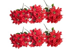 Caliko 34cm Poinsettia Artificial Flowers 6 Packs | 7 Heads Red&Golden Artificial Poinsettia Bushes | Silk Fabric Flower Bouquet for Xmas Elegance.