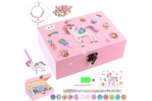 PinkSheep Wooden DIY Jewellery Box for Girl 6-12, Arts and Crafts Kits with Necklace Bracelet, Diamond Tape, Ddiamond Painting Box, DIY Pirate Treasure Chest Set for Kids (Pink Unicorn)