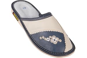 APREGGIO Kapcie Damskie Skórzane z Kwiatowym Wzorem, Antypoślizgowa Gumowa Podeszwa, Rozmiary 36–41 – Wygodne Pantofle Domowe