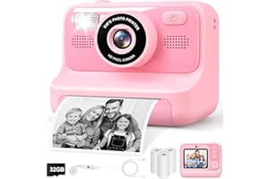 Gontence Kinderkamera Sofortbildkamera, 2,4-Zoll Selfie Kamera mit 32GB Karte | 3 Rollen Fotopapier, 1080P Kinder Kamera, Spielzeug Geschenke mädchen Junge Digital Schwarz(Rosa)