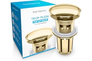 Bächlein Bonde Universelle avec Trop-Plein pour Lavabo et Évier – Valve Pop-up Dorée – 3 Joints pour Lavabos de Tous Genres Inclus, Valve d’Écoulement Bonde - Montage avec Mode d’Emploi
