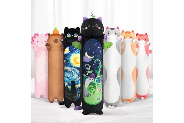 Mewaii Cojín de Peluche Gato Negro Largo de 50CM, Almohada Suave de Peluche para Niños, Juguetes Kawaii, Regalo Ideal para Dormir y Abrazar