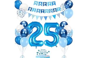 VUCDXOP 25th Birthday Decorations for Men Women,25th Birthday Balloons with Number 25 Foil Balloon Blue White Balloons Happy Birthday Banner Birthday Cake Topper for 25th Party Decorations